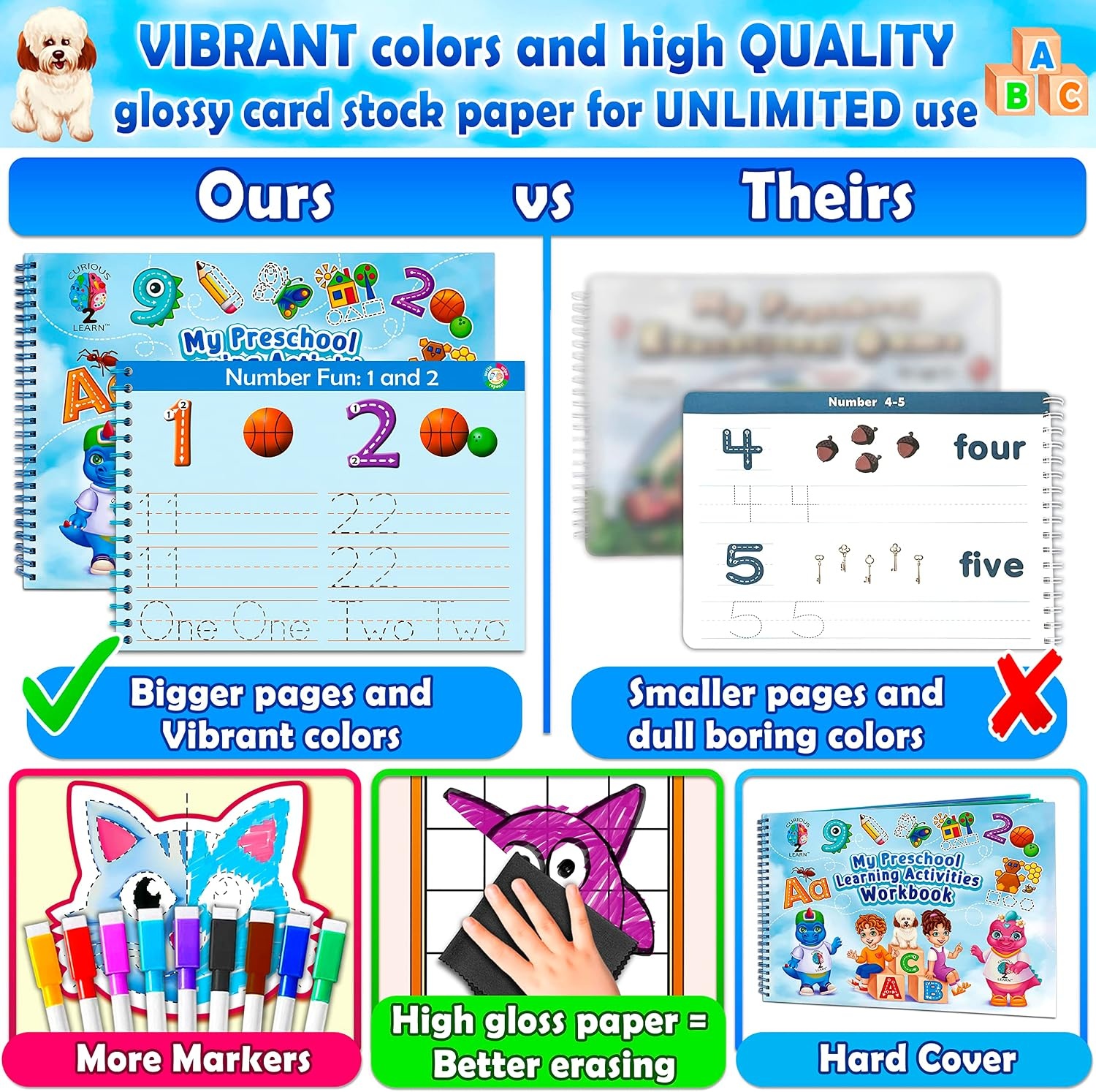 image:imageCurious 2 Learn Hardcover Preschool Activity Workbook for Kids Ages 35  32 Montessori Learning Activities with 9 Markers  ABC Numbers Colors amp Shapes  Educational Gift for Boys amp GirlsBlue