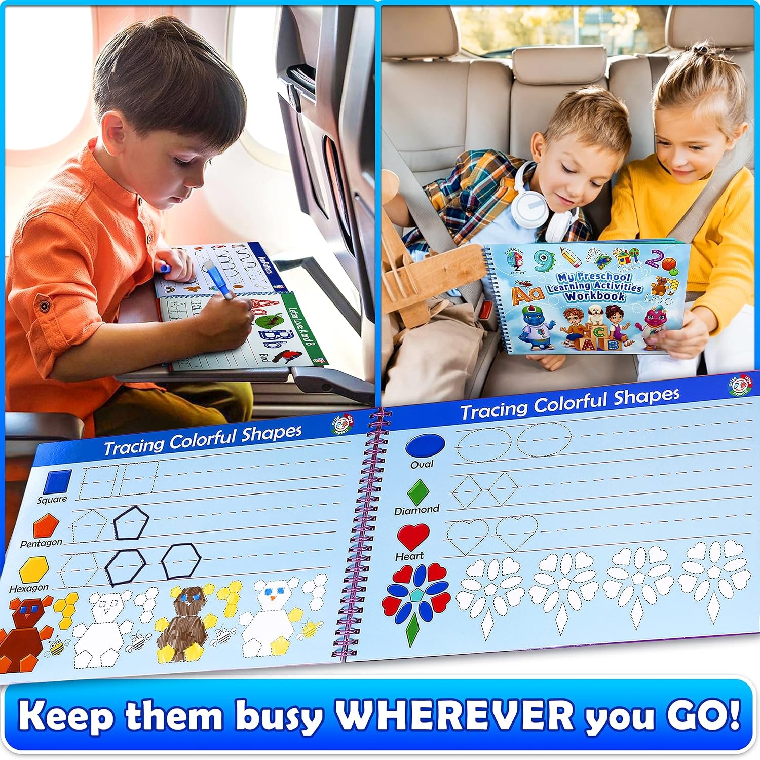 image:imageCurious 2 Learn Hardcover Preschool Activity Workbook for Kids Ages 35  32 Montessori Learning Activities with 9 Markers  ABC Numbers Colors amp Shapes  Educational Gift for Boys amp GirlsBlue