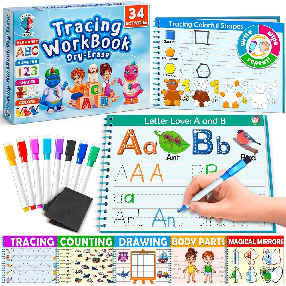 image:imageCurious 2 Learn Hardcover Preschool Activity Workbook for Kids Ages 35  32 Montessori Learning Activities with 9 Markers  ABC Numbers Colors amp Shapes  Educational Gift for Boys amp GirlsBlue